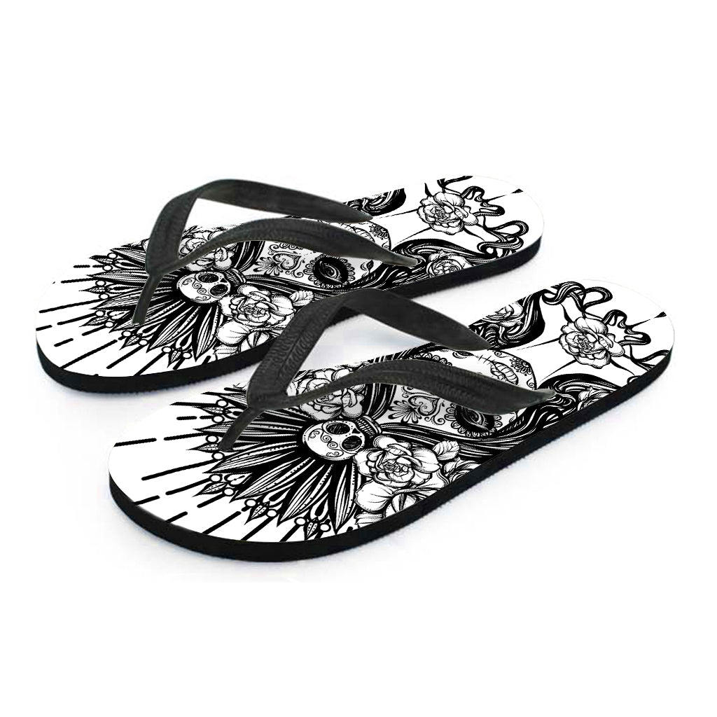 Black And White Calavera Girl Print Flip Flops