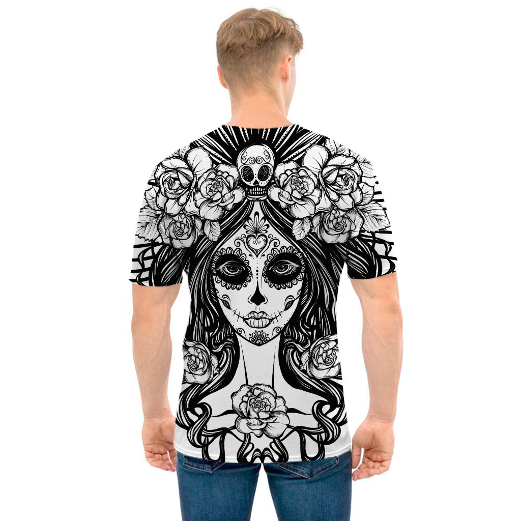 Black And White Calavera Girl Print Men's T-Shirt