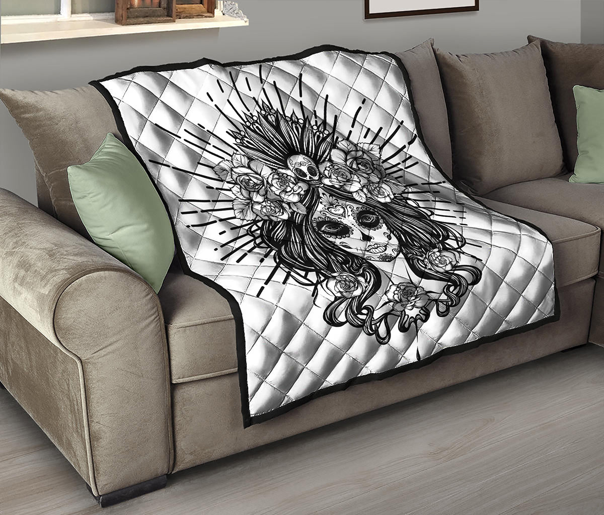 Black And White Calavera Girl Print Quilt