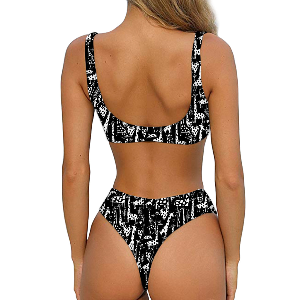 Black And White Cartoon Giraffe Print Front Bow Tie Bikini