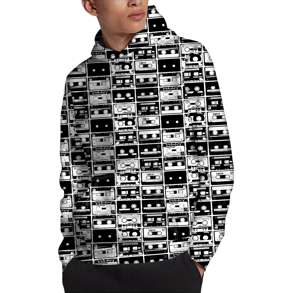Black And White Cassette Tape Print Pullover Hoodie
