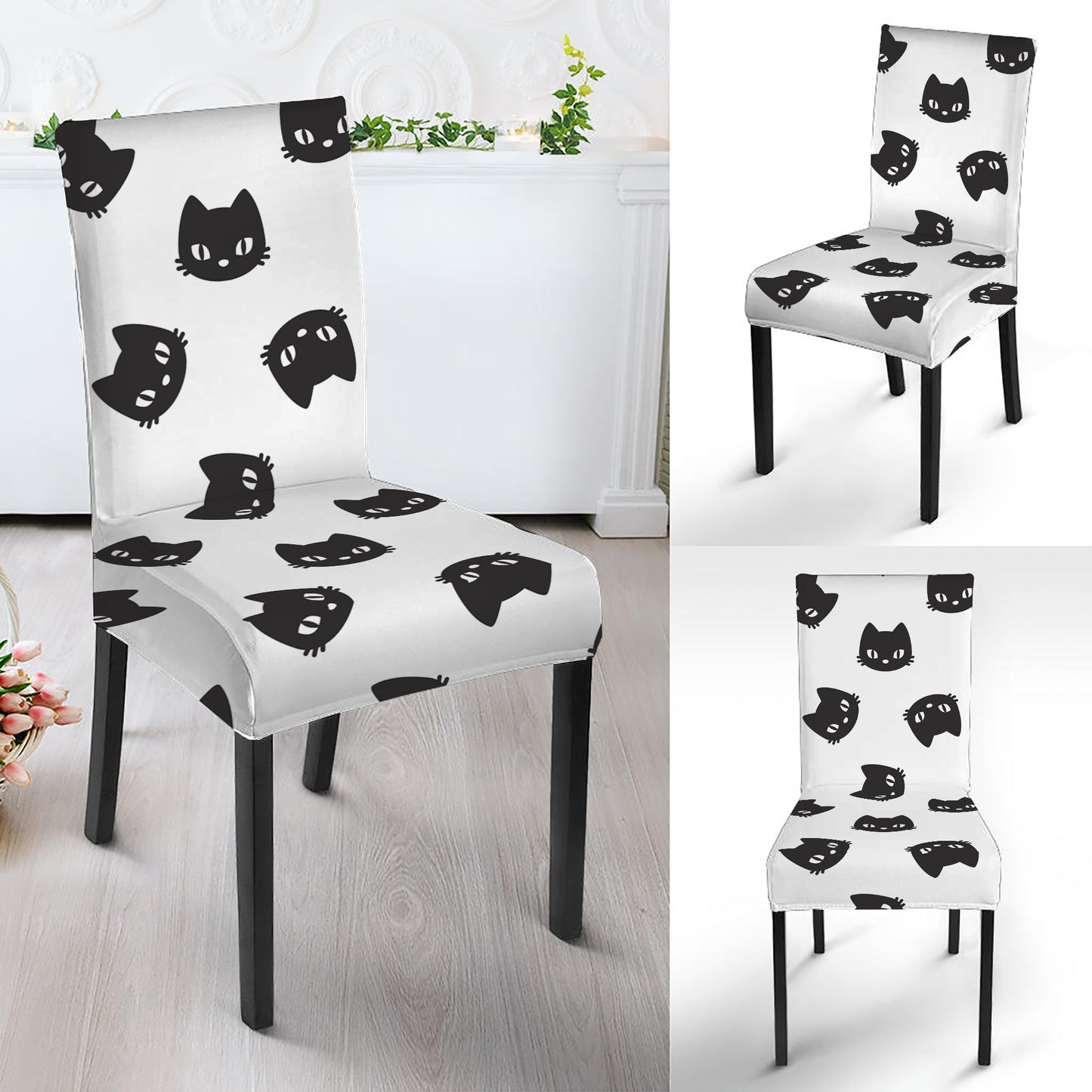 Black And White Cat Pattern Print Dining Chair Slipcover