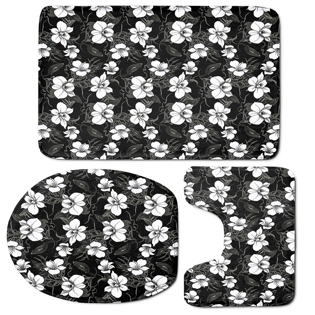 Black And White Cattleya Pattern Print 3 Piece Bath Mat Set