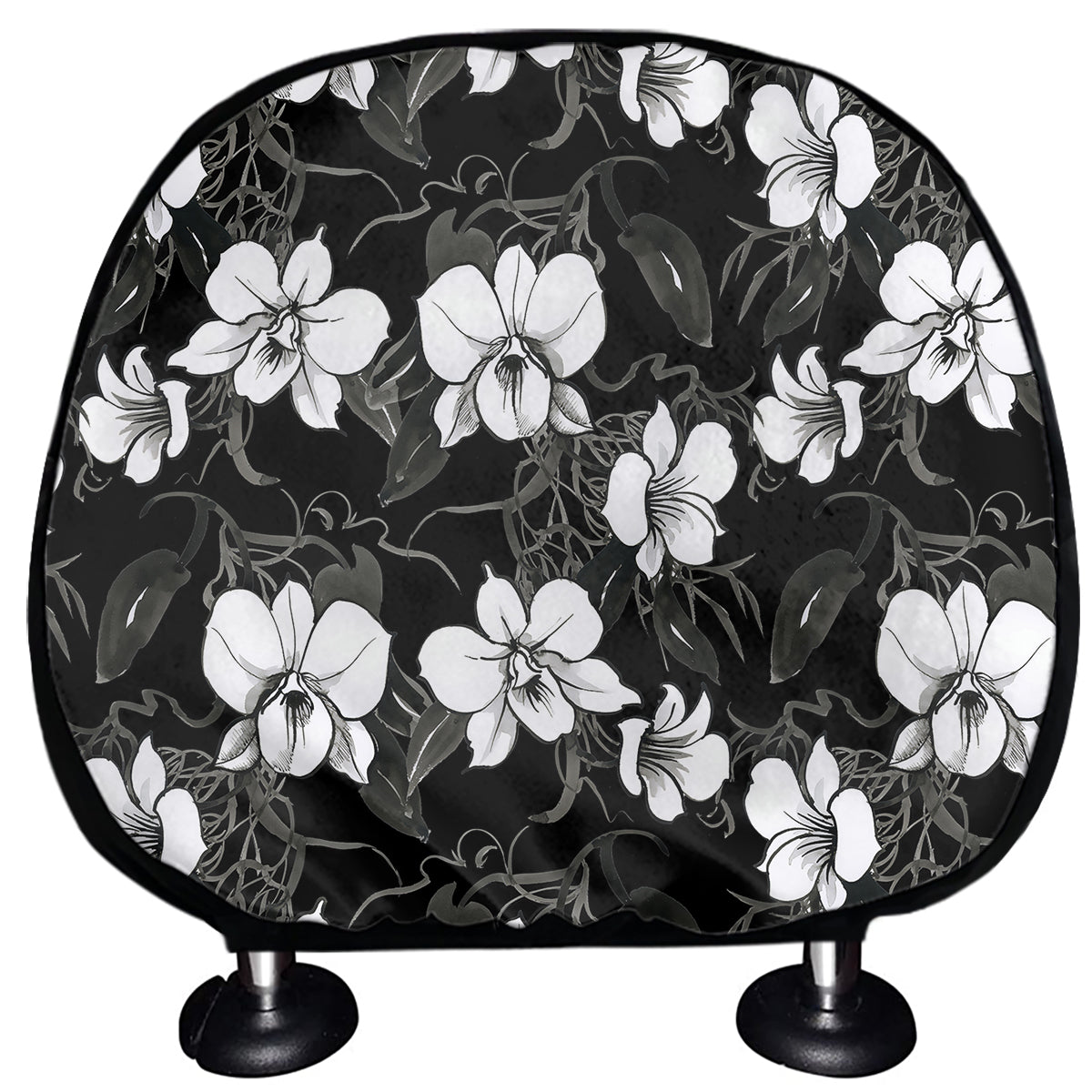 Black And White Cattleya Pattern Print Car Headrest Covers