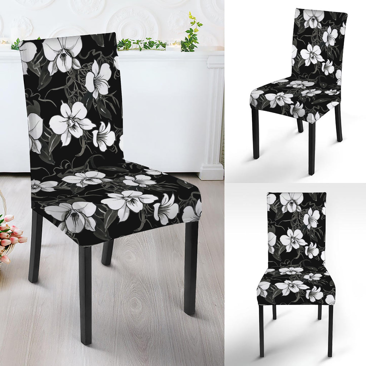 Black And White Cattleya Pattern Print Dining Chair Slipcover