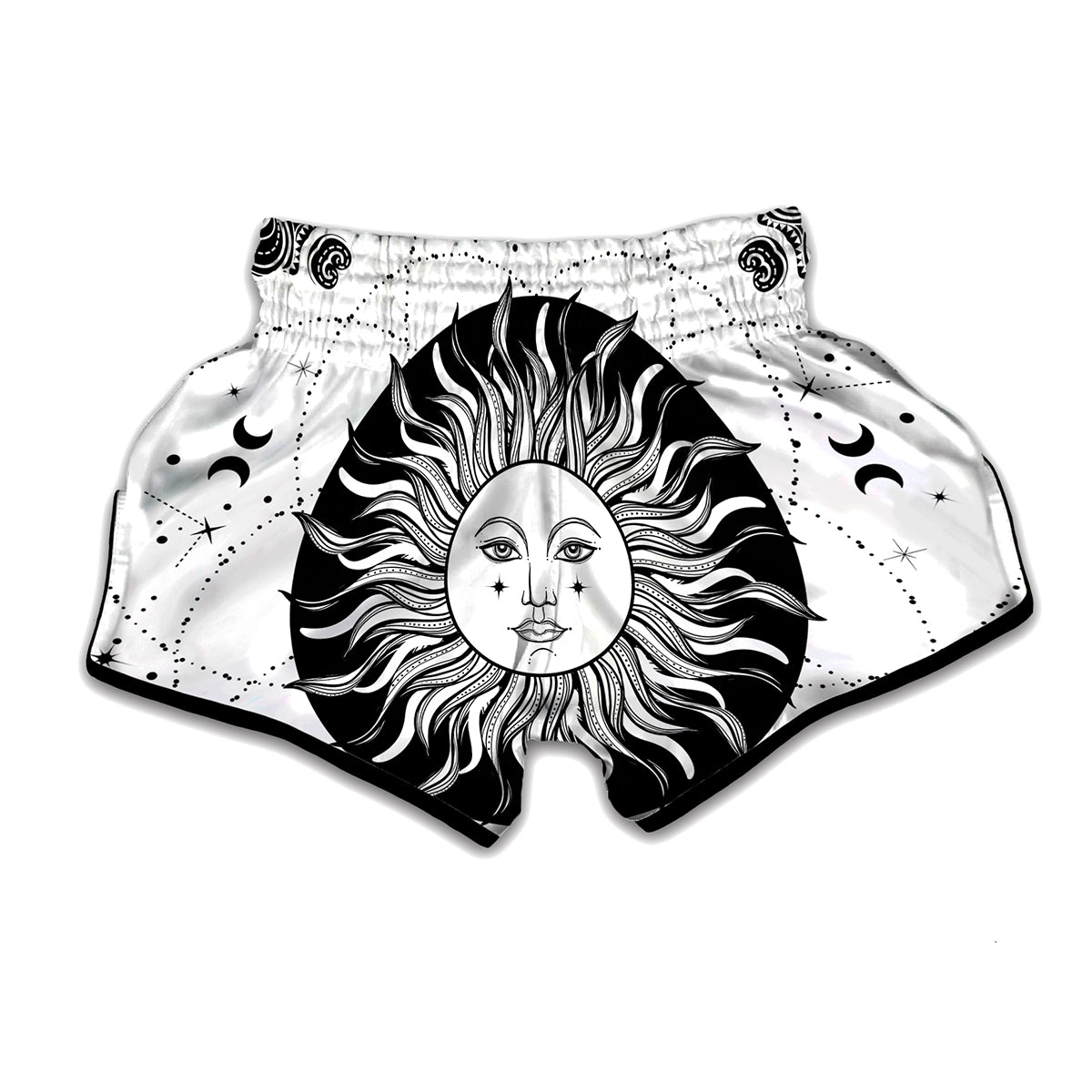 Black And White Celestial Sun Print Muay Thai Boxing Shorts