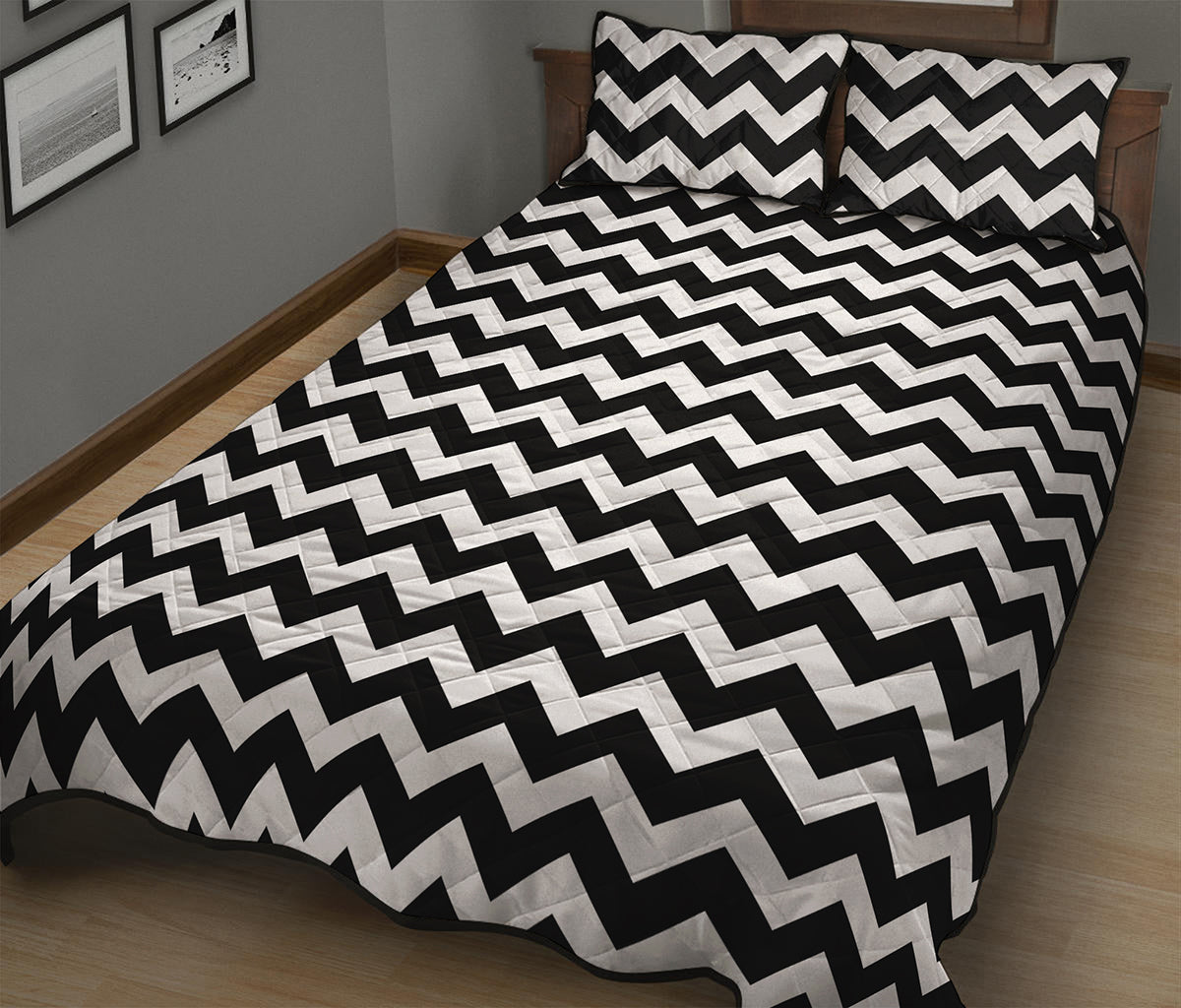 Black And White Chevron Pattern Print Quilt Bed Set