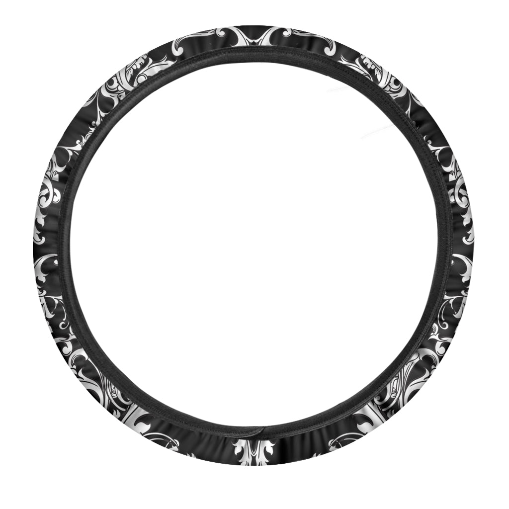 Black And White Damask Pattern Print Car Steering Wheel Cover