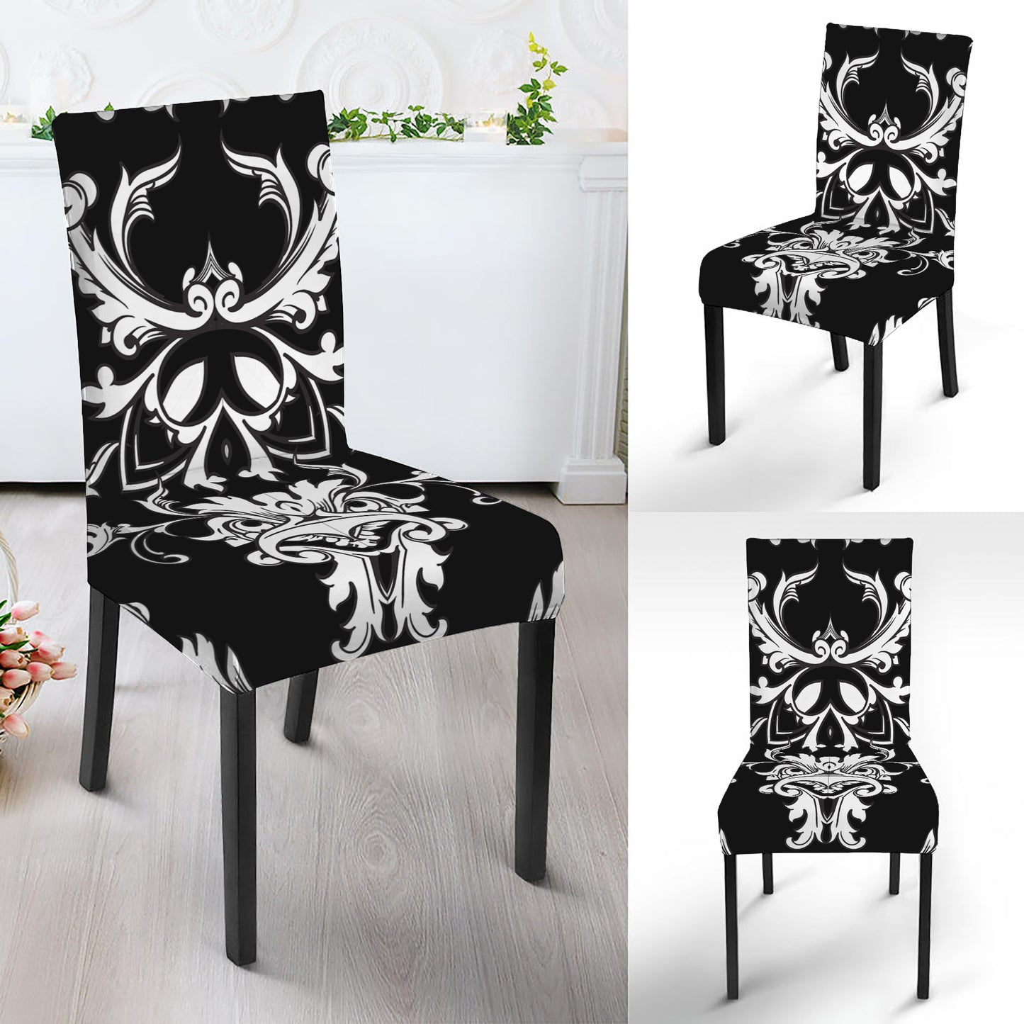 Black And White Damask Pattern Print Dining Chair Slipcover