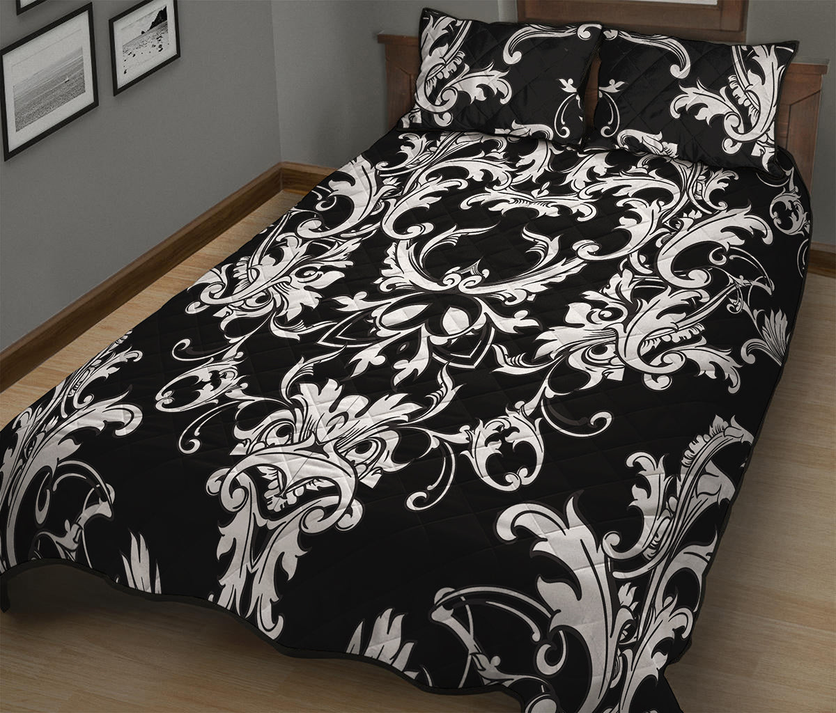 Black And White Damask Pattern Print Quilt Bed Set