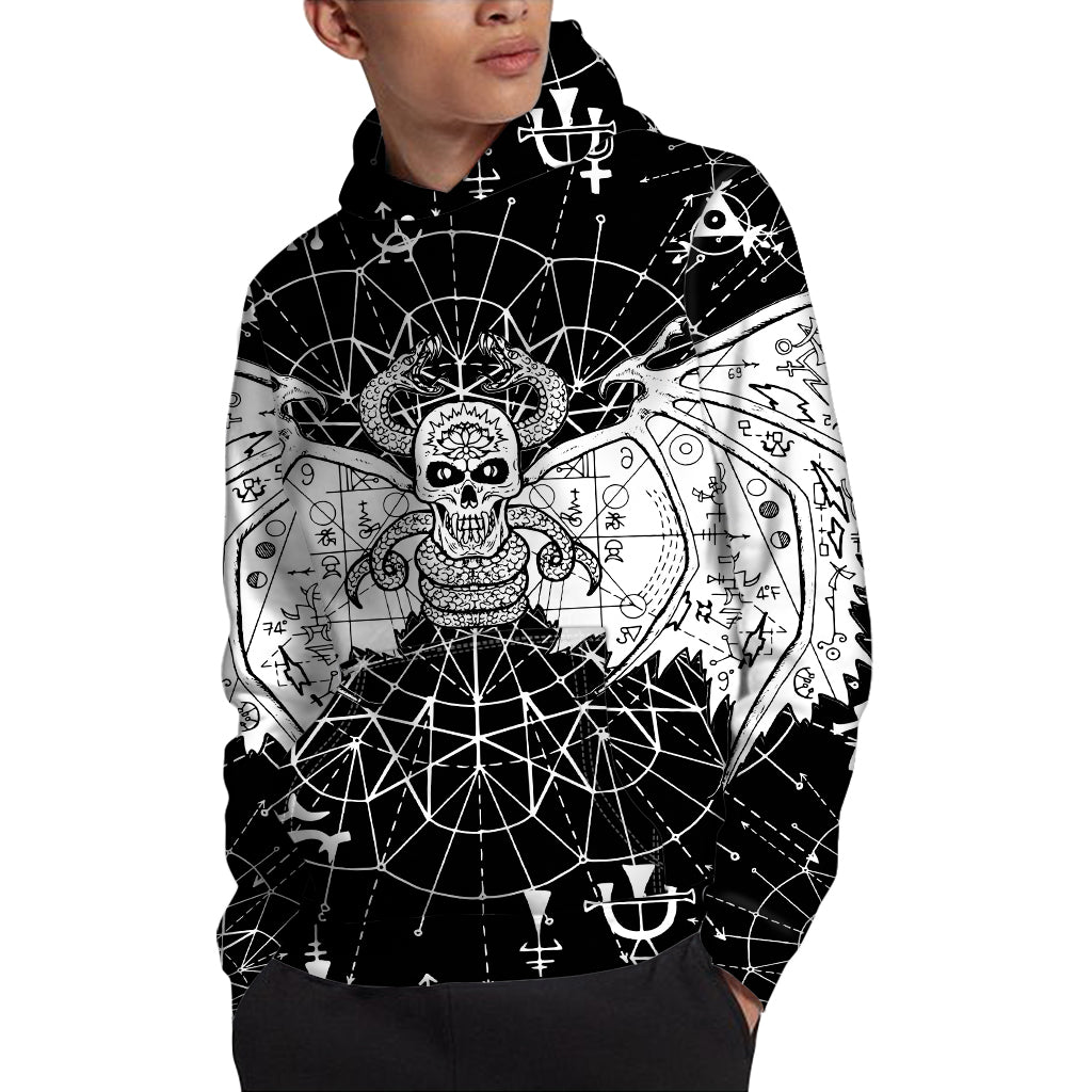 Black And White Demon Wicca Print Pullover Hoodie