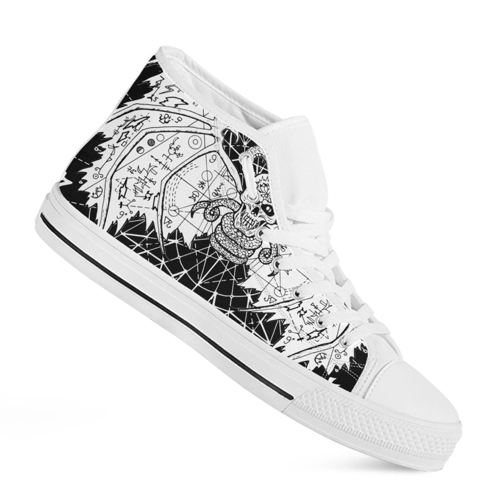 Black And White Demon Wicca Print White High Top Shoes