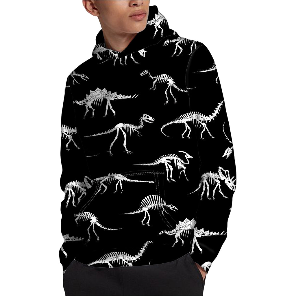 Black And White Dinosaur Fossil Print Pullover Hoodie
