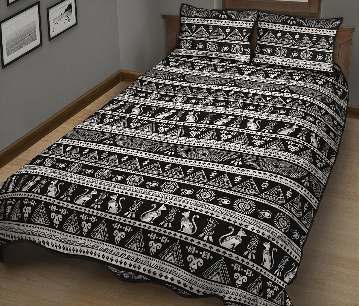 Black And White Egypt Pattern Print Quilt Bed Set
