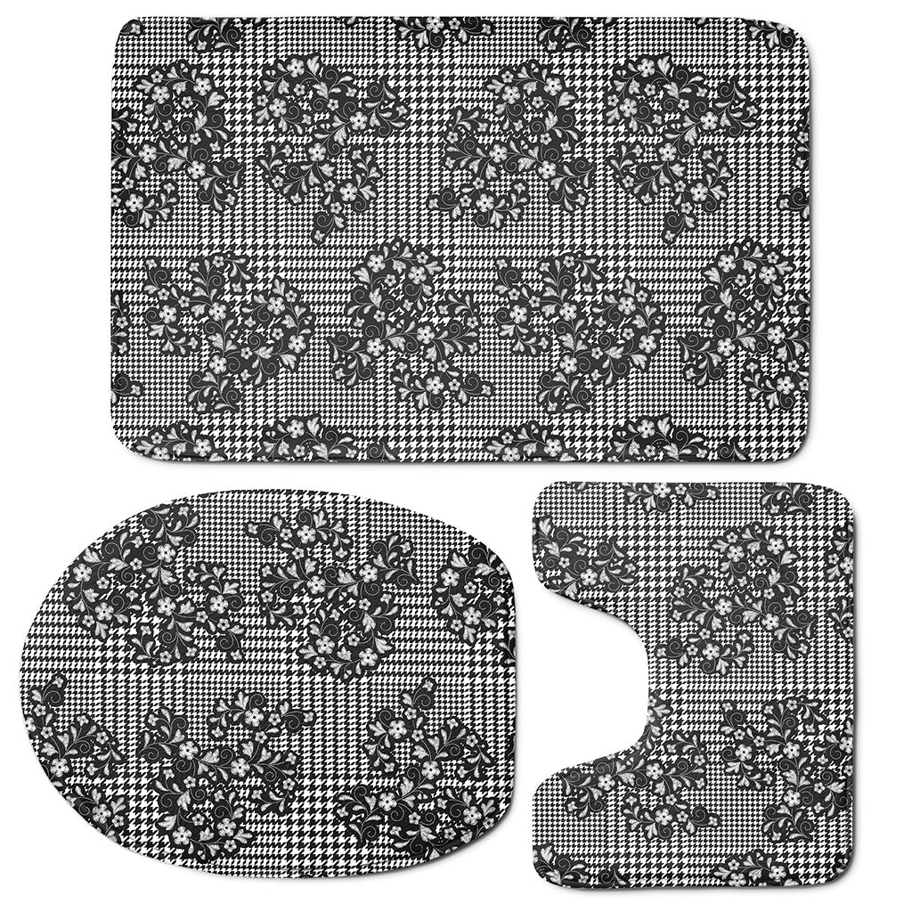 Black And White Floral Glen Plaid Print 3 Piece Bath Mat Set