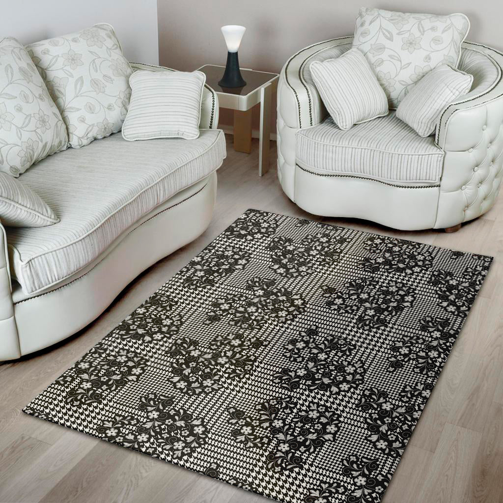 Black And White Floral Glen Plaid Print Area Rug