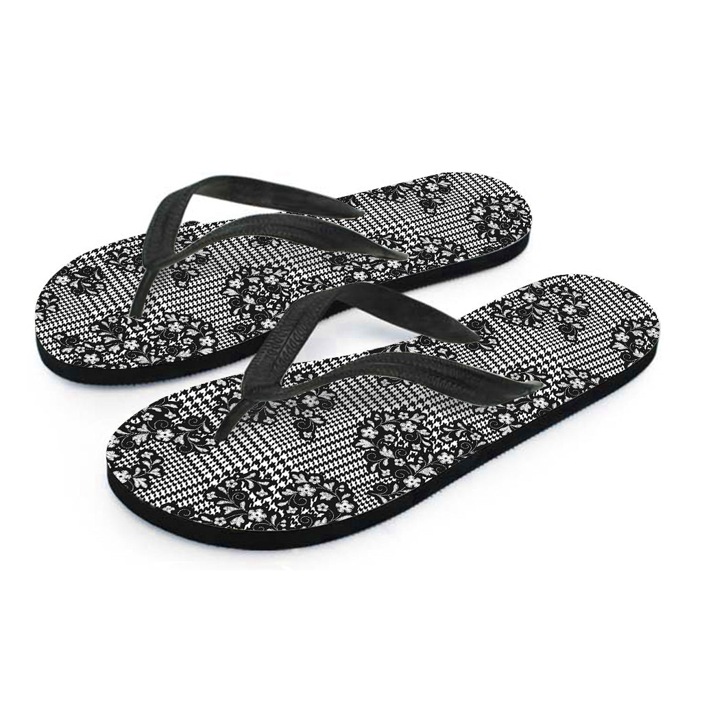 Black And White Floral Glen Plaid Print Flip Flops