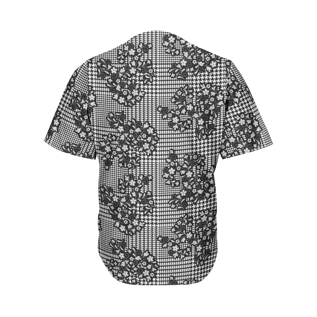 Black And White Floral Glen Plaid Print Men's Baseball Jersey