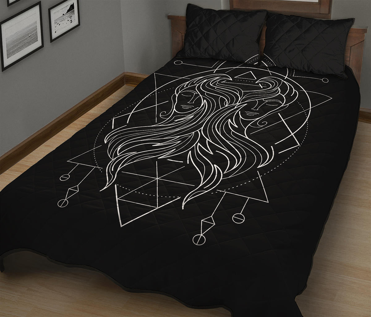 Black And White Gemini Sign Print Quilt Bed Set