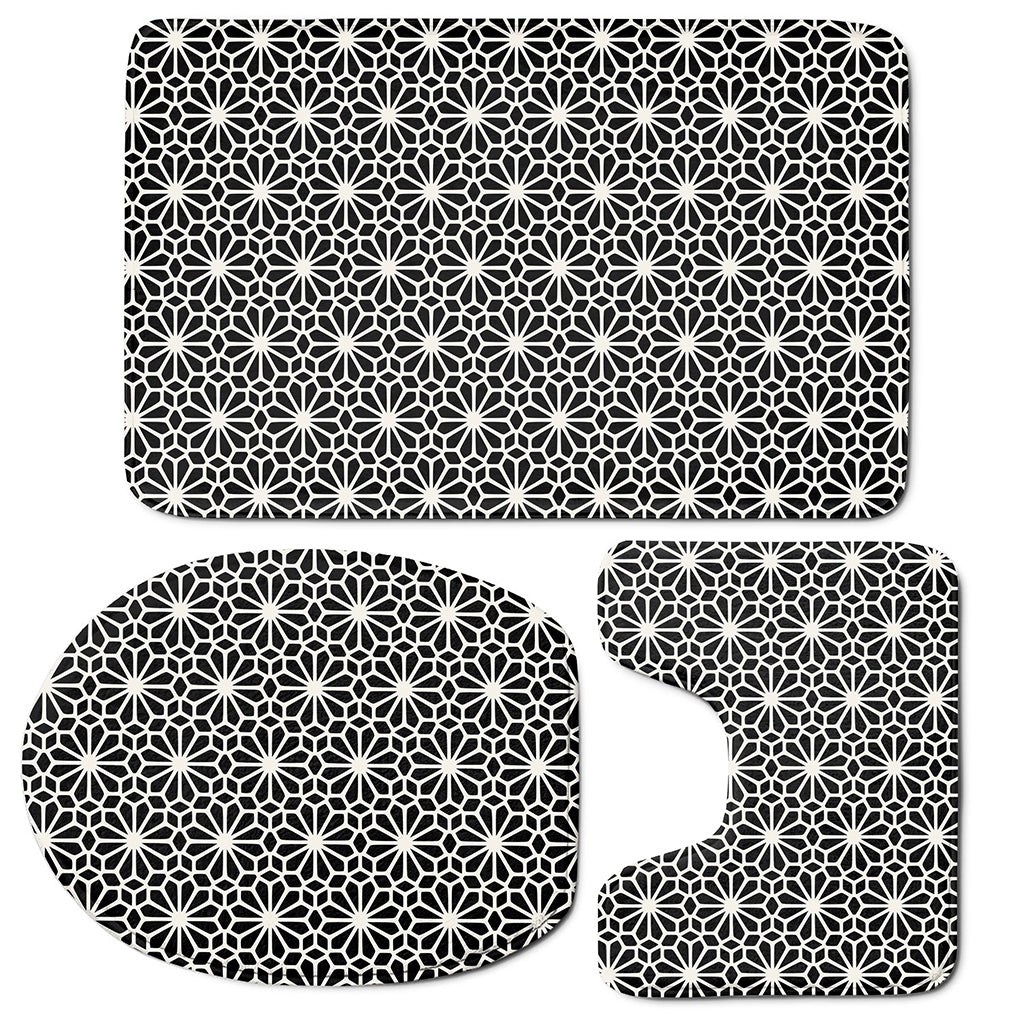 Black And White Geometric Floral Print 3 Piece Bath Mat Set