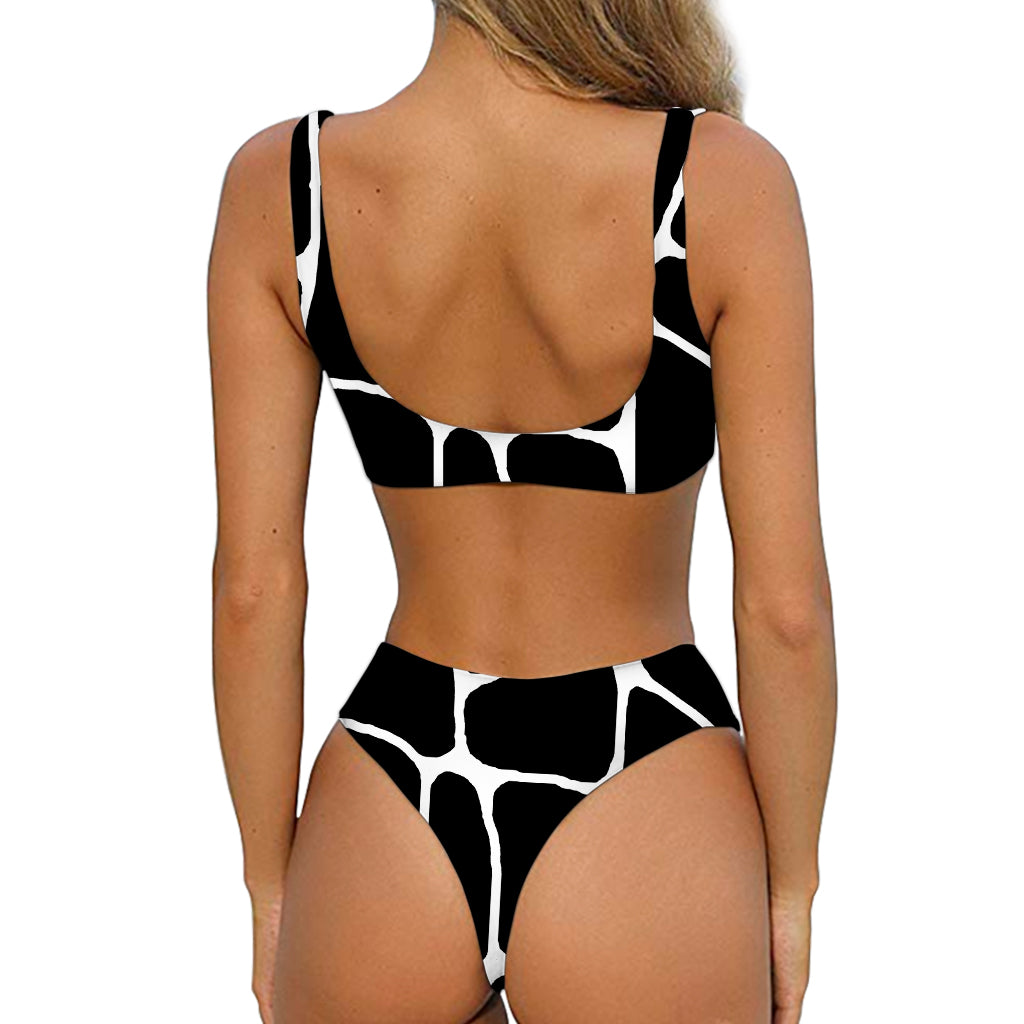 Black And White Giraffe Pattern Print Front Bow Tie Bikini
