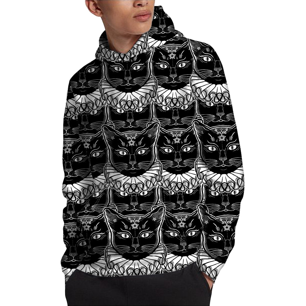 Black And White Gothic Wiccan Cat Print Pullover Hoodie