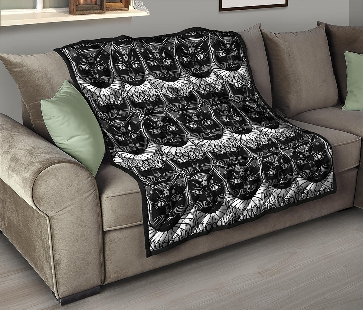 Black And White Gothic Wiccan Cat Print Quilt
