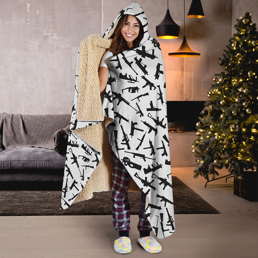 Black And White Guns Pattern Print Hooded Blanket