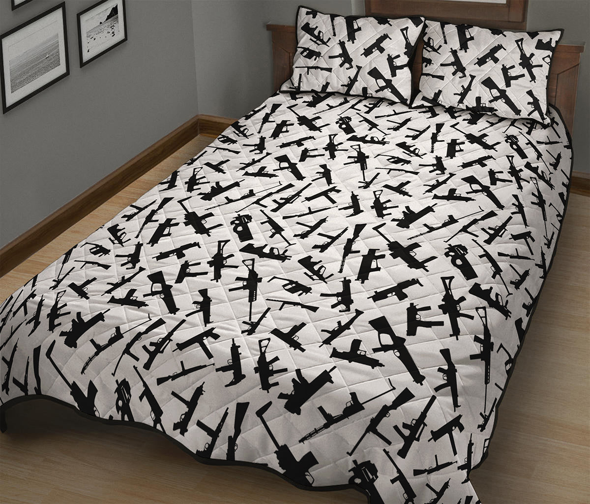 Black And White Guns Pattern Print Quilt Bed Set