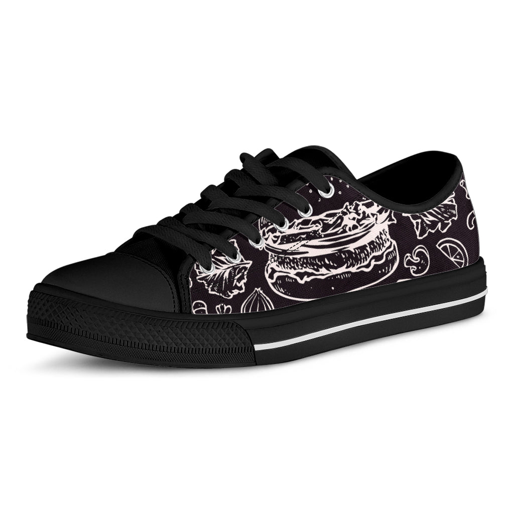 Black And White Hamburger Print Black Low Top Shoes