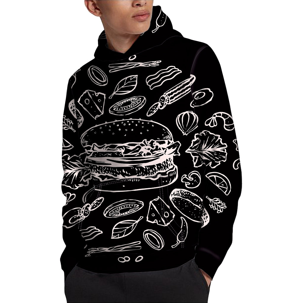 Black And White Hamburger Print Pullover Hoodie