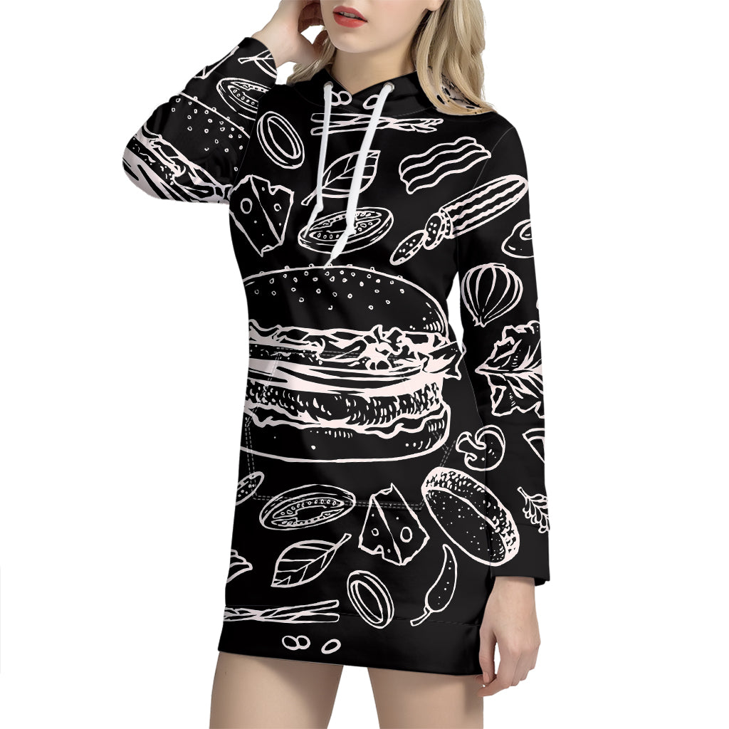 Black And White Hamburger Print Pullover Hoodie Dress