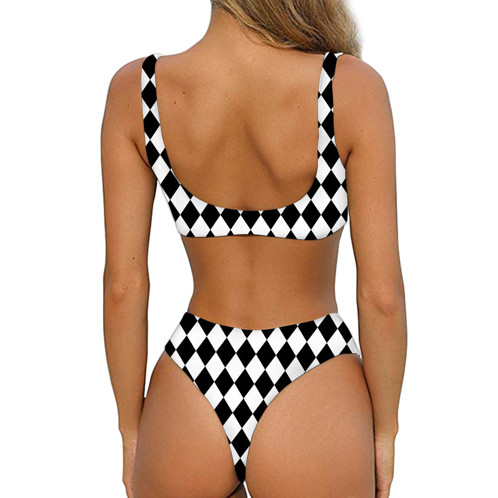 Black And White Harlequin Pattern Print Front Bow Tie Bikini