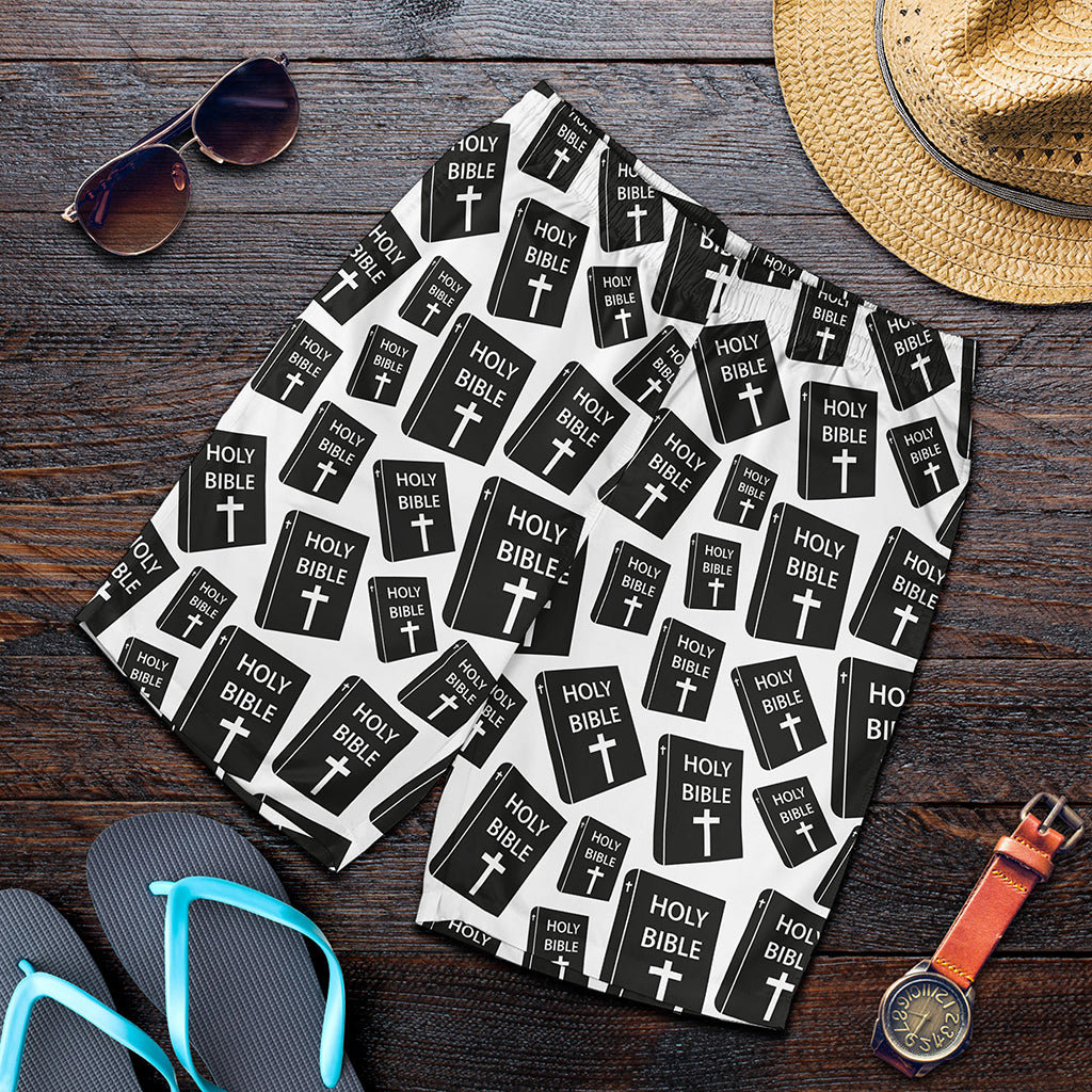 Black And White Holy Bible Pattern Print Men's Shorts