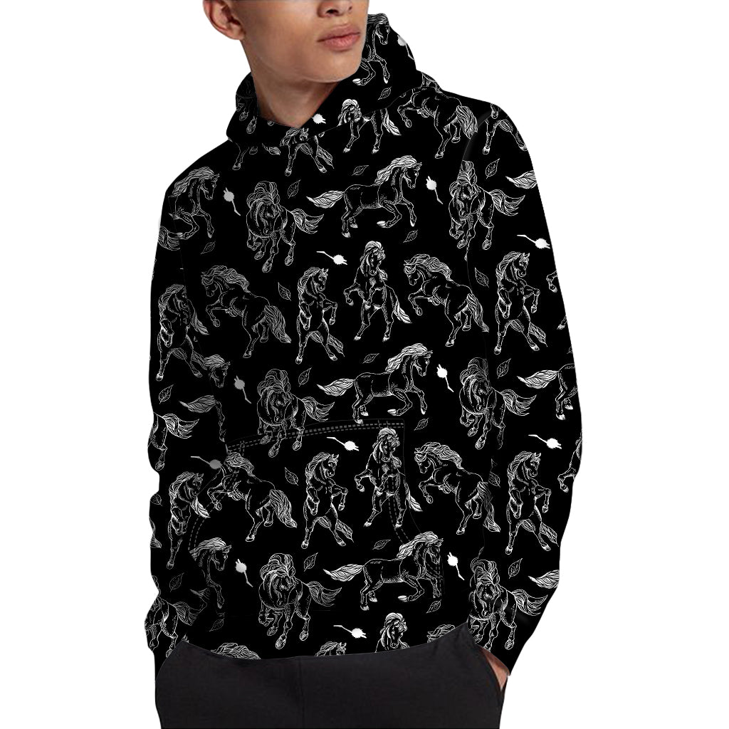 Black And White Horse Pattern Print Pullover Hoodie