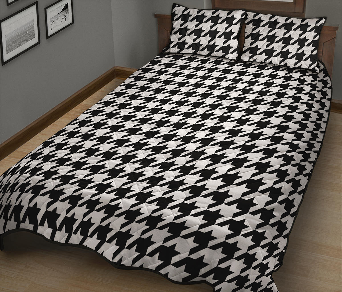 Black And White Houndstooth Print Quilt Bed Set