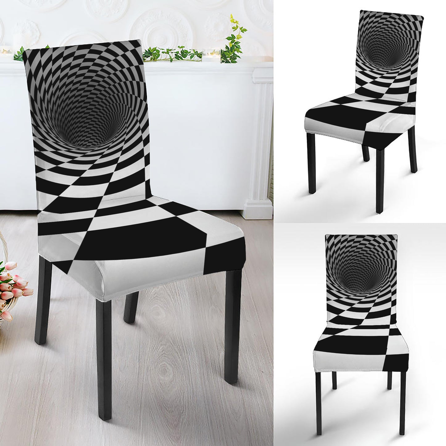 Black And White Hypnotic Illusion Print Dining Chair Slipcover