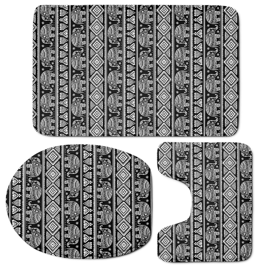 Black And White Indian Elephant Print 3 Piece Bath Mat Set