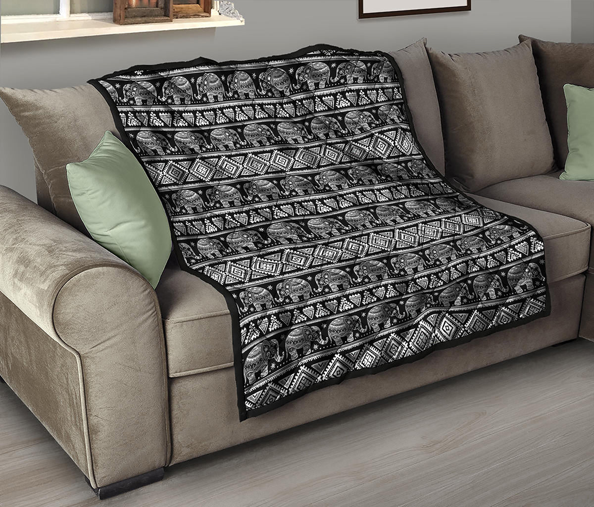 Black And White Indian Elephant Print Quilt