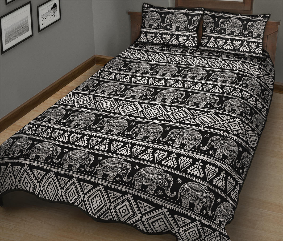 Black And White Indian Elephant Print Quilt Bed Set