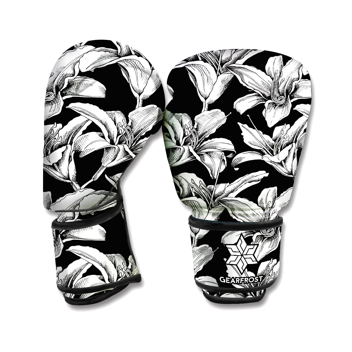 Black And White Lily Pattern Print Boxing Gloves