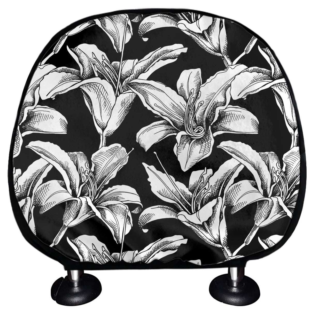 Black And White Lily Pattern Print Car Headrest Covers