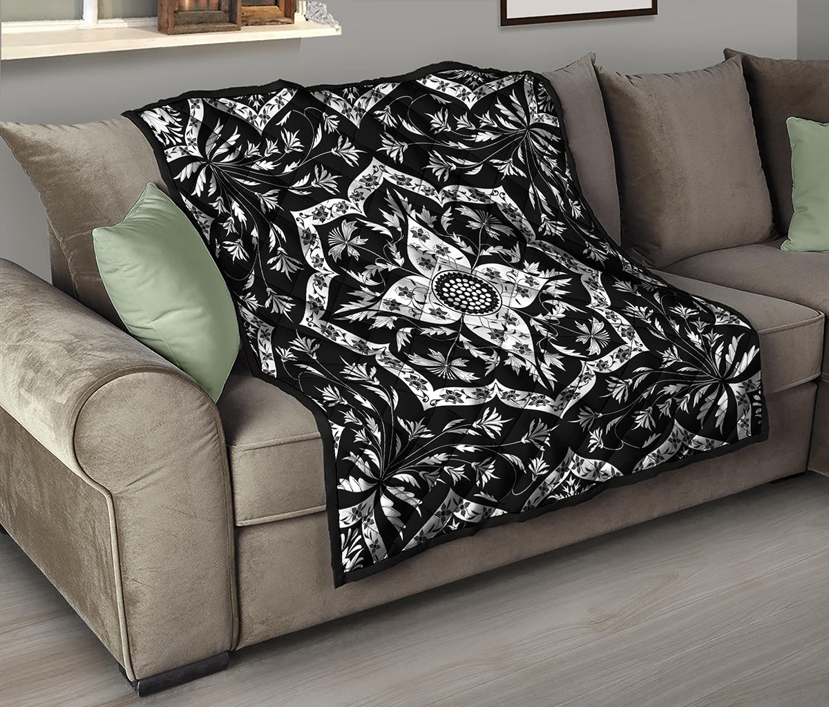 Black And White Lotus Mandala Print Quilt