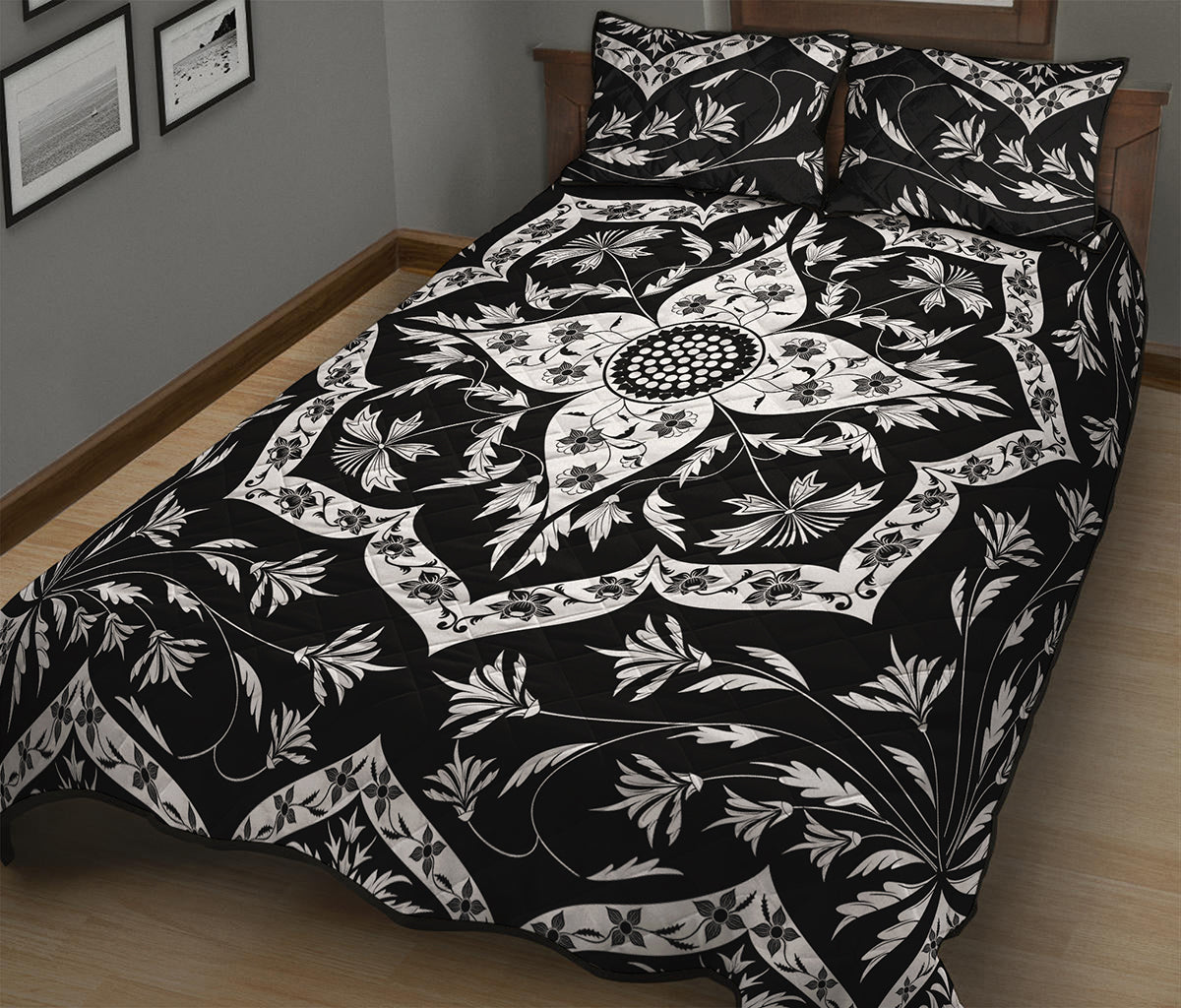 Black And White Lotus Mandala Print Quilt Bed Set