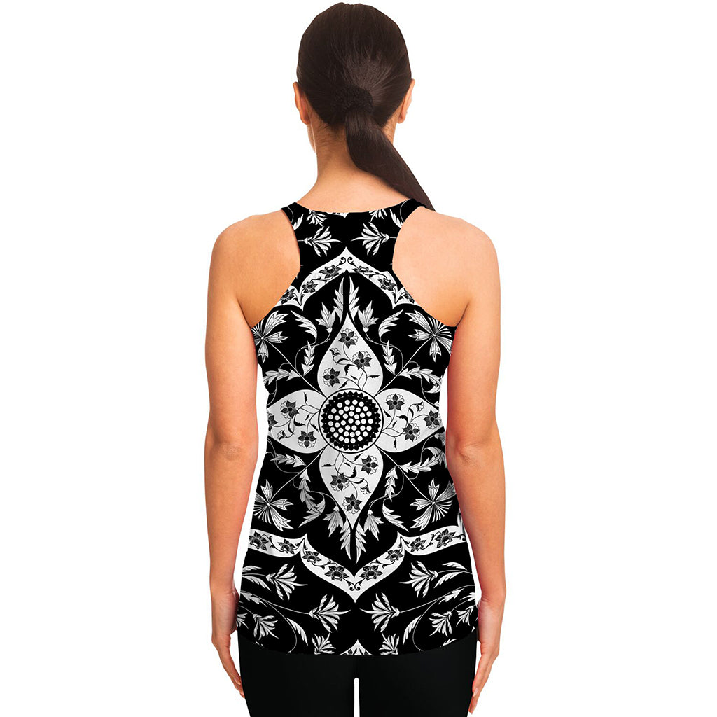 Black And White Lotus Mandala Print Women's Racerback Tank Top