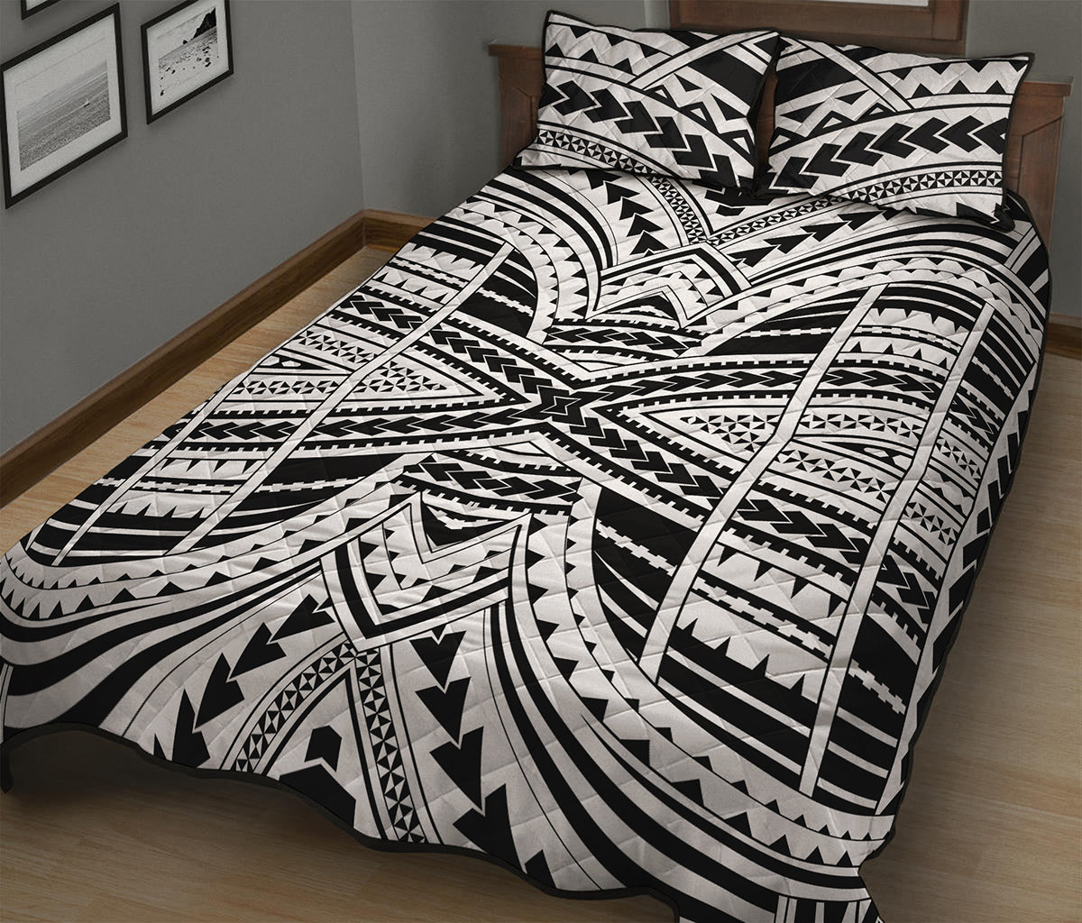 Black And White Maori Tribal Print Quilt Bed Set