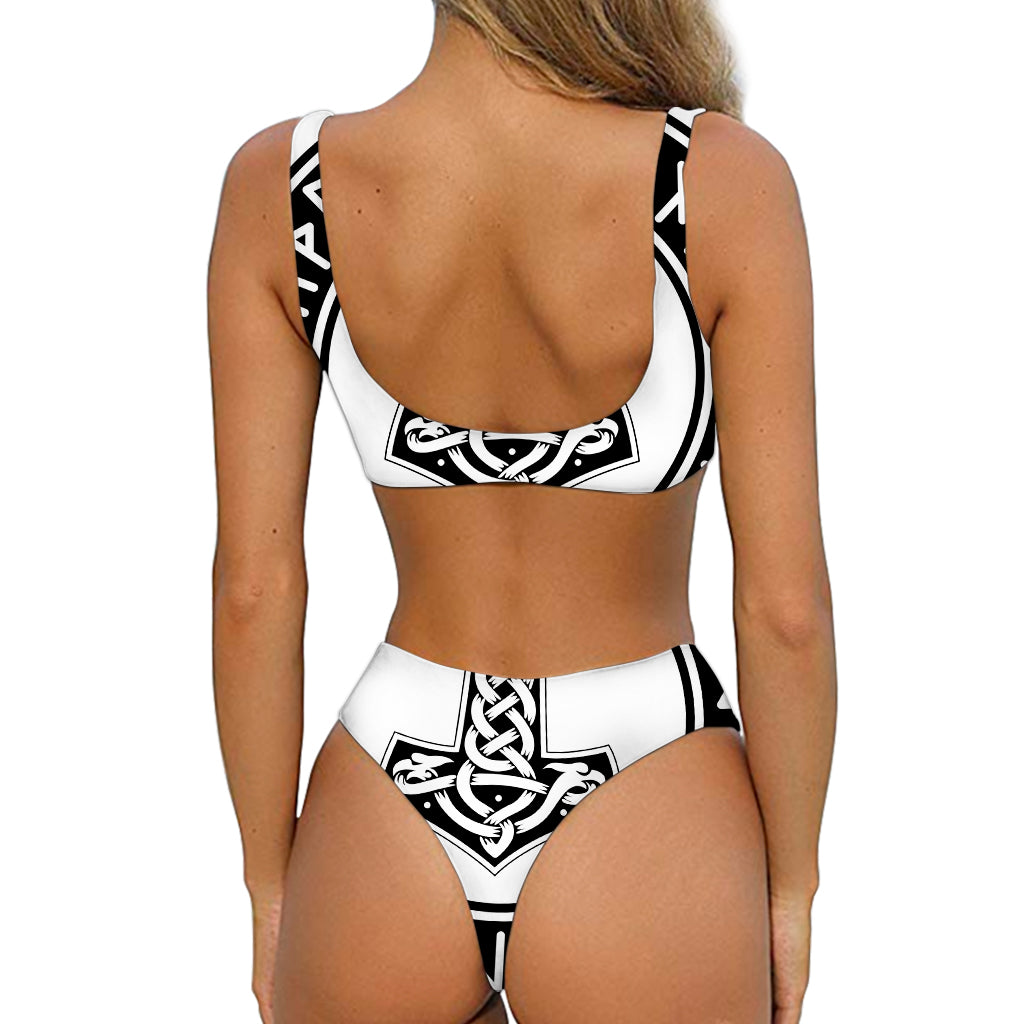 Black And White Mjolnir Print Front Bow Tie Bikini