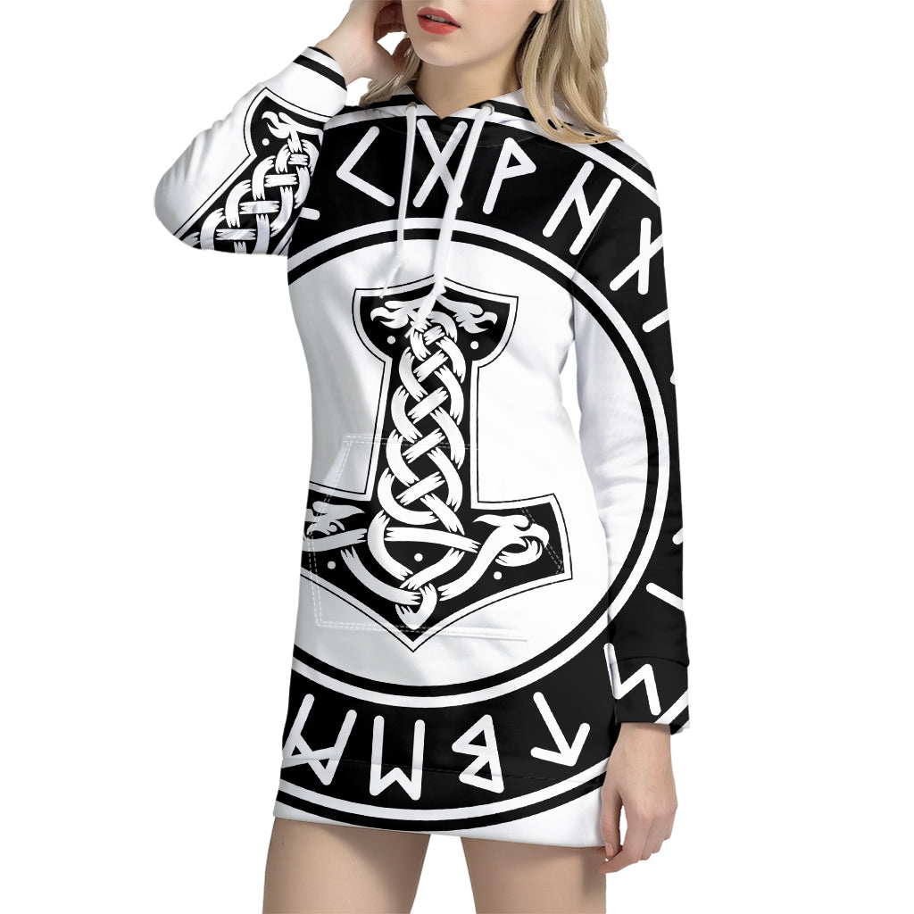Black And White Mjolnir Print Pullover Hoodie Dress