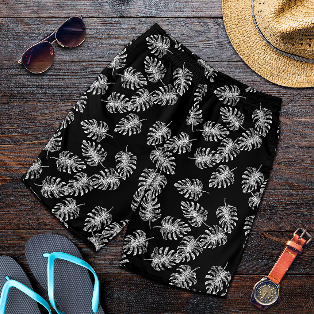 Black And White Monstera Pattern Print Men's Shorts