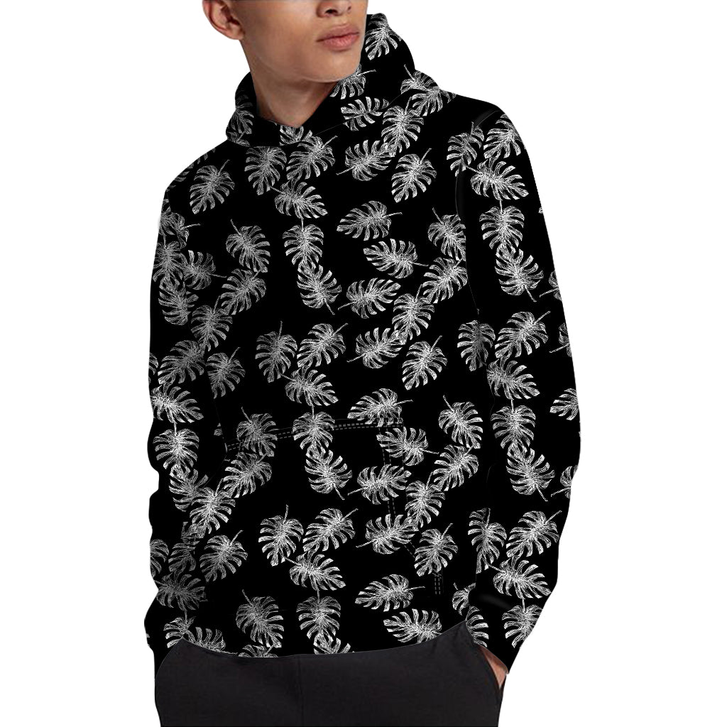Black And White Monstera Pattern Print Pullover Hoodie